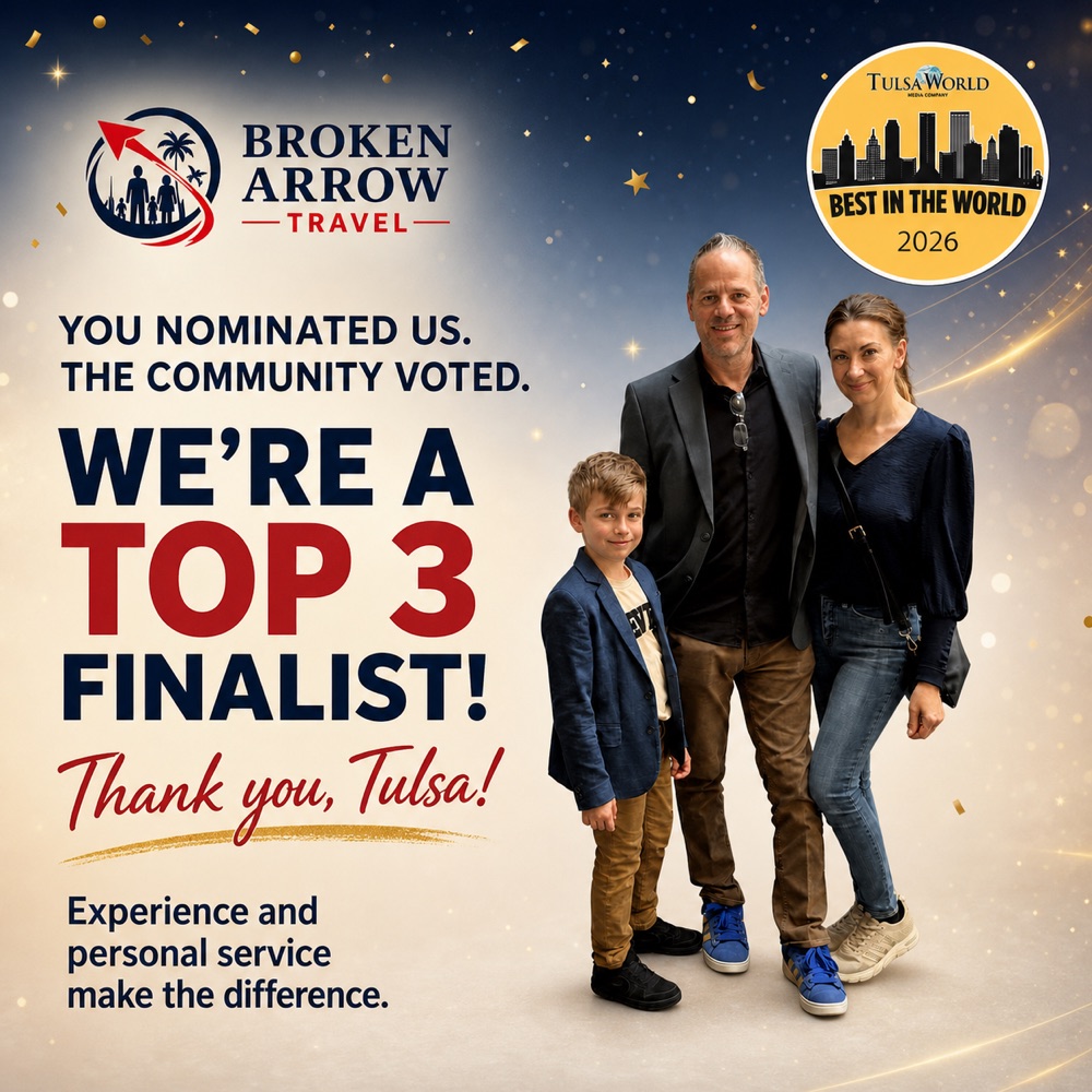 The Jacobs family of Broken Arrow Travel, named a Top 3 Finalist for Best Travel Agency in Tulsa World's Best in the World 2026.